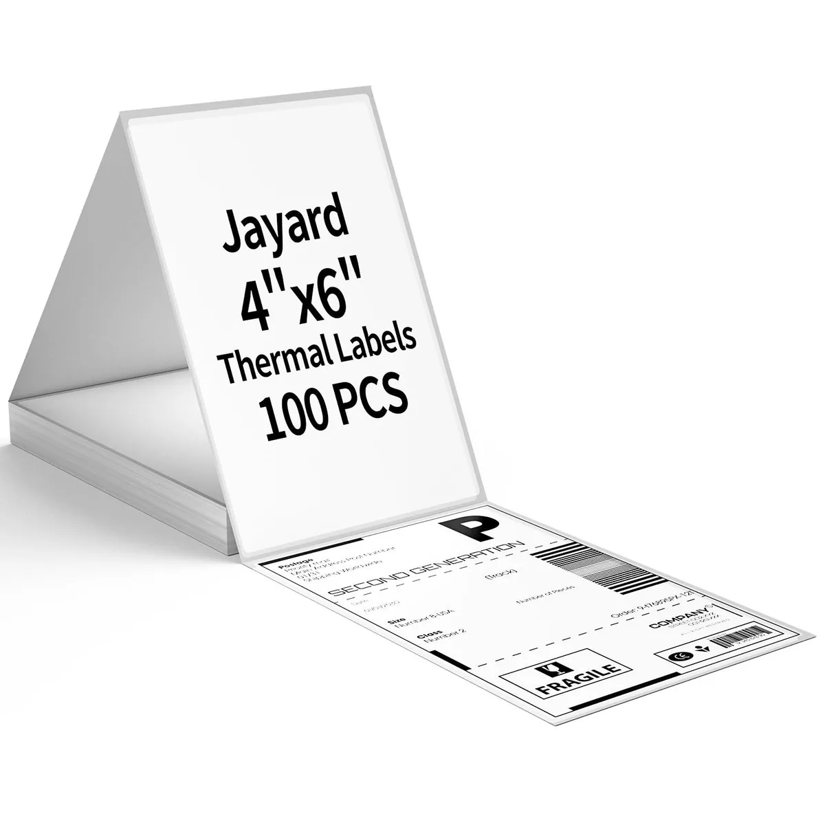 White rectangular thermal shipping labels in a flat stack of 100, perforated edges, glossy plastic finish