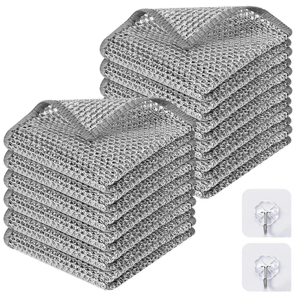 White 12-piece wire mesh dishcloth set with hooks, 20 by 19.5 cm each