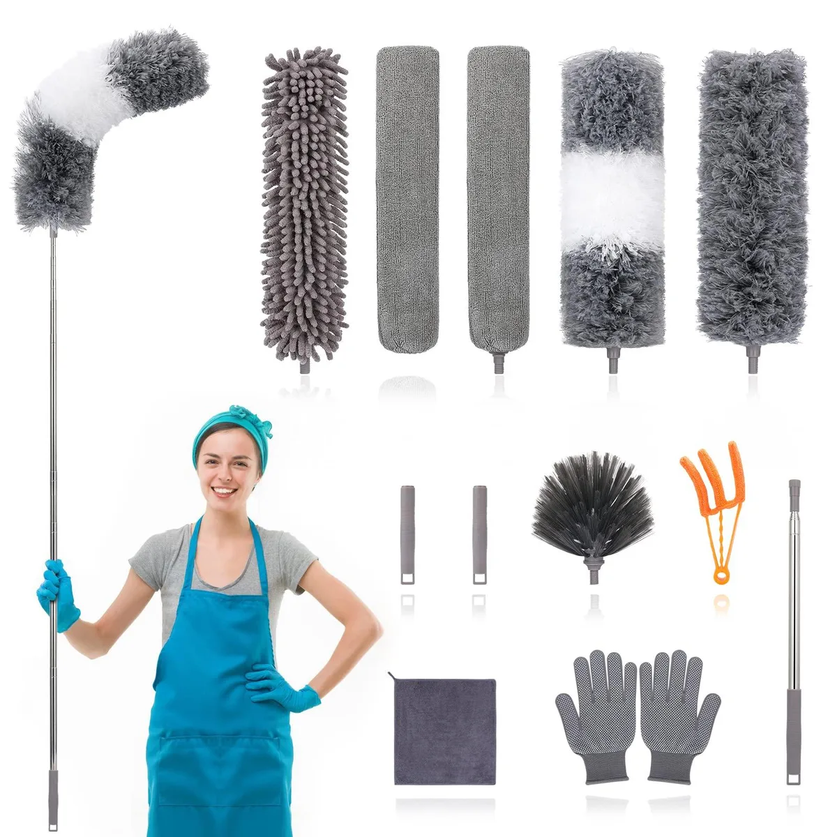 Black microfiber duster kit with stainless steel pole extending 30 to 100 inches, bendable heads, 12 pieces