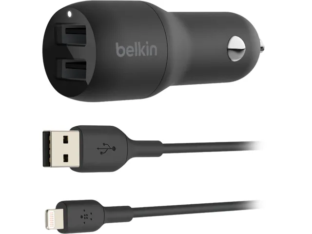 Belkin Belkin CCD001BT1MBK 24W Dual USB-A Car Charger with 3.3ft Lightning Cable — product photo