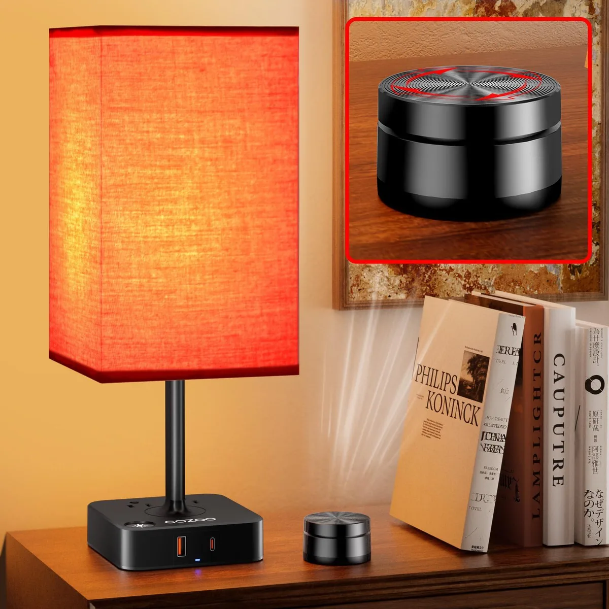 White cylindrical fabric-shade table lamp on a base with USB and AC ports, 35.5 cm tall
