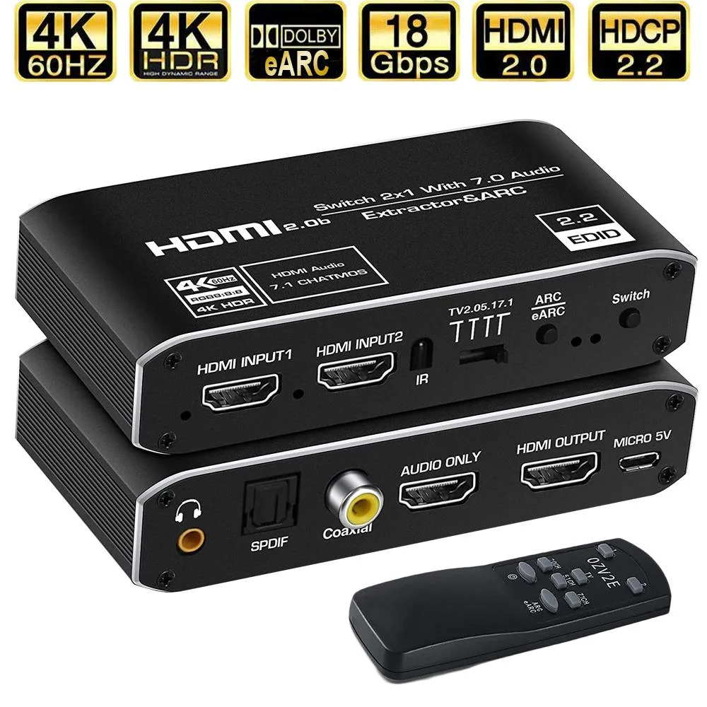 ESTONE ESTONE OZV2E 2×1 HDMI Switch Audio Extractor 4K@60Hz 18.5Gbps — product photo