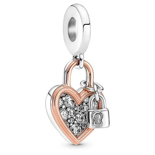 PANDORA PANDORA Heart Padlock Double Dangle Charm Silver 14k Rose Gold — product photo