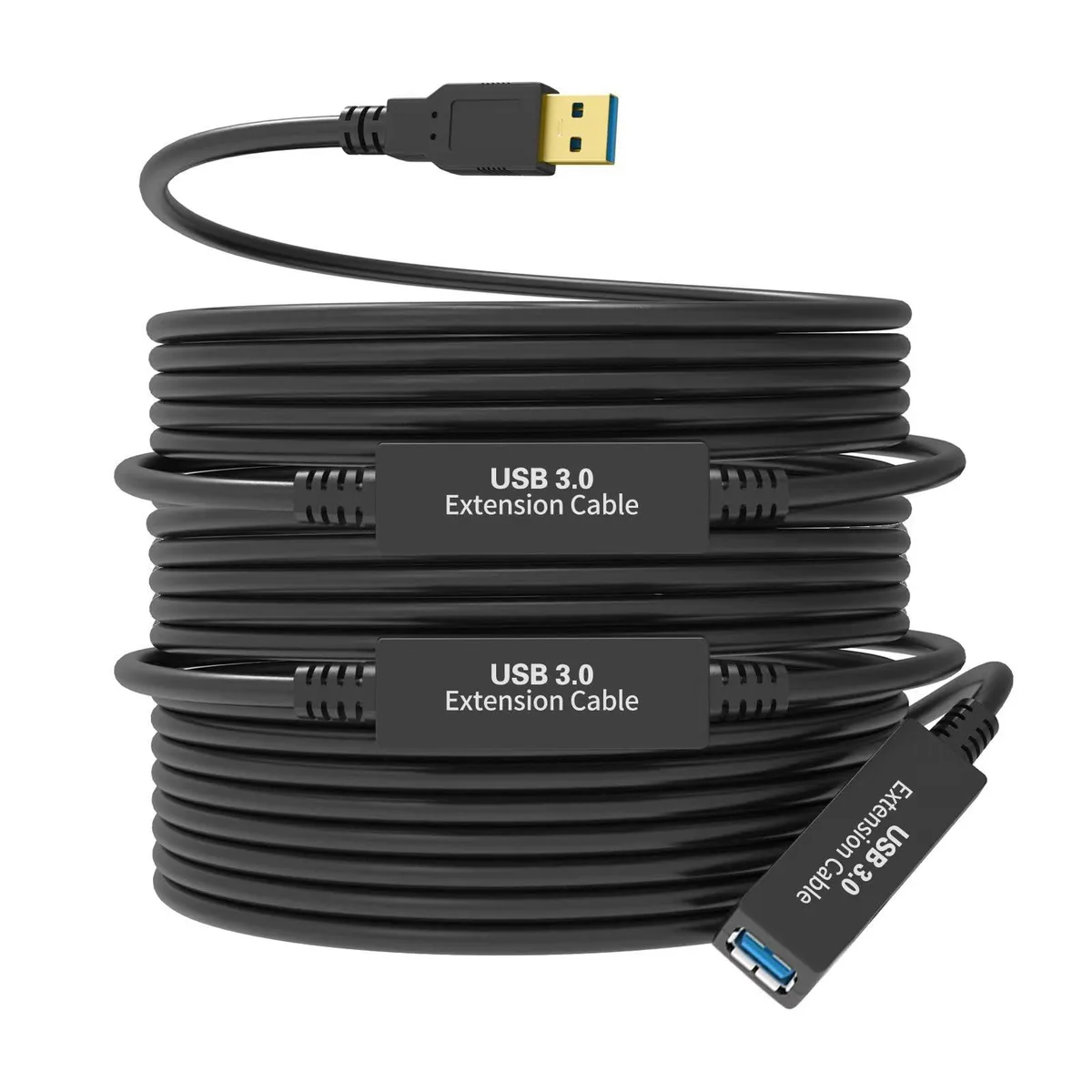 Black 75 ft USB 3.0 active extension cable with three signal boosters and gold-plated A-male to A-female connectors