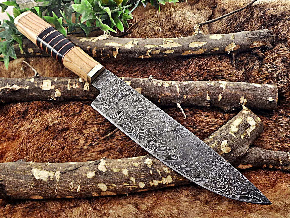 Damascus Depot Damascus Depot Custom Chef Knife 13.5" 8" Blade Kow Wood Buffalo Horn Brass Spacer — product photo