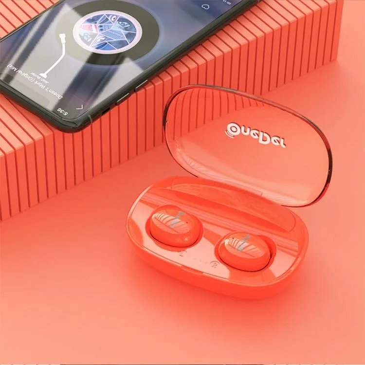 Orange true-wireless earbuds with Micro-USB charging case