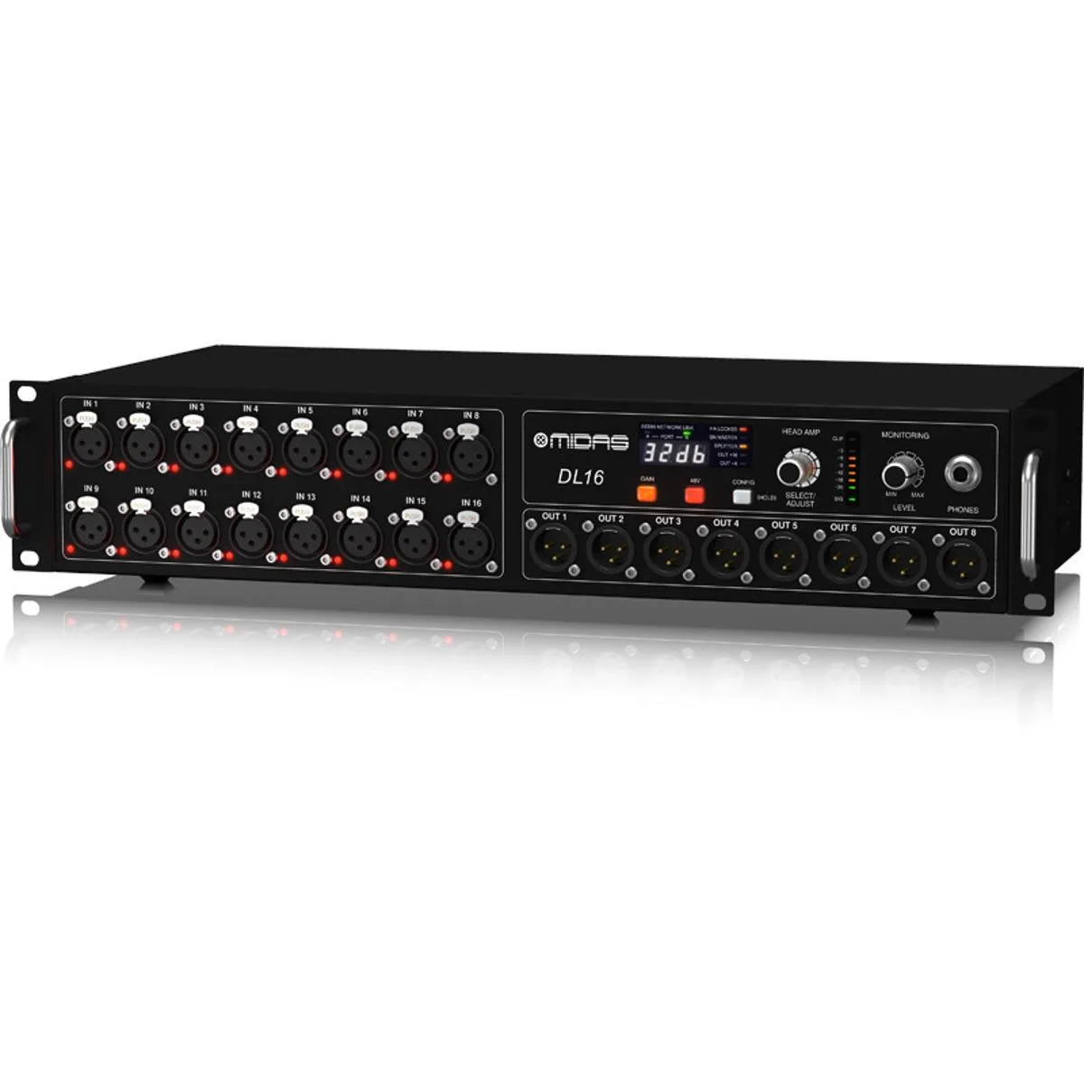 Black rectangular stage box with 16 XLR inputs and 8 XLR outputs on the front panel