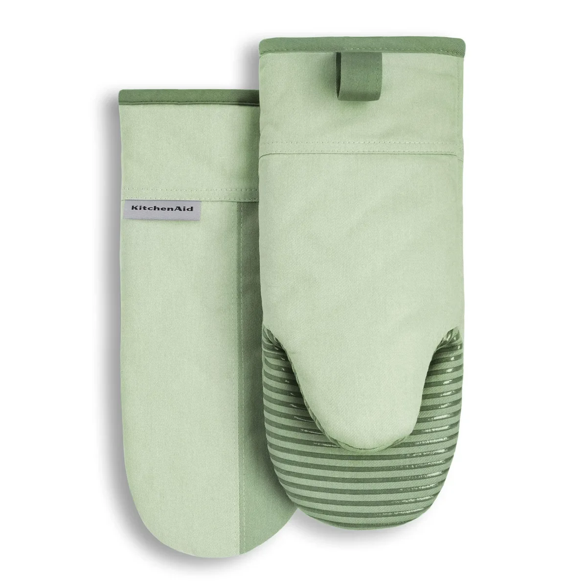 Two pistachio and graphite green cotton oven mitts with silicone grip and hanging loops