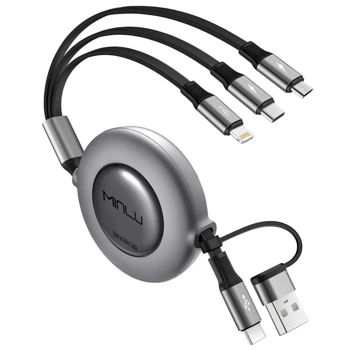 Mobee Mobee 3-in-2 Retractable Multi Charging Cable 4Ft USB-C to Lightning/Micro USB 3.0A 480Mbps MFi Certified — product photo