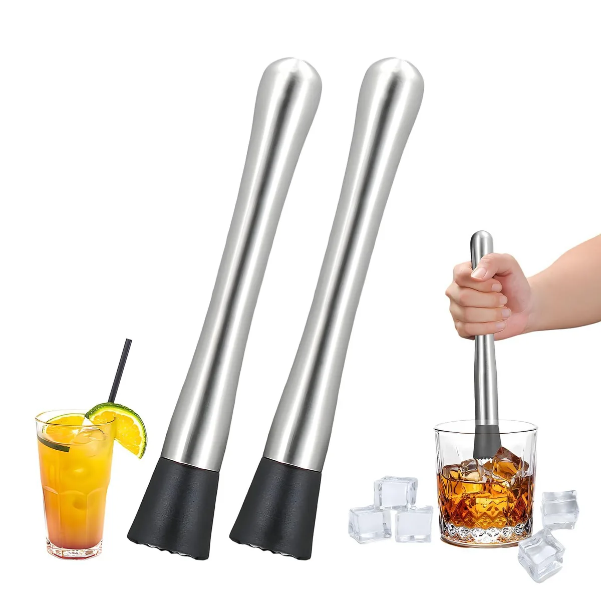 Black stainless steel muddler with textured nylon head and contoured handle, shown with six matching bar tools