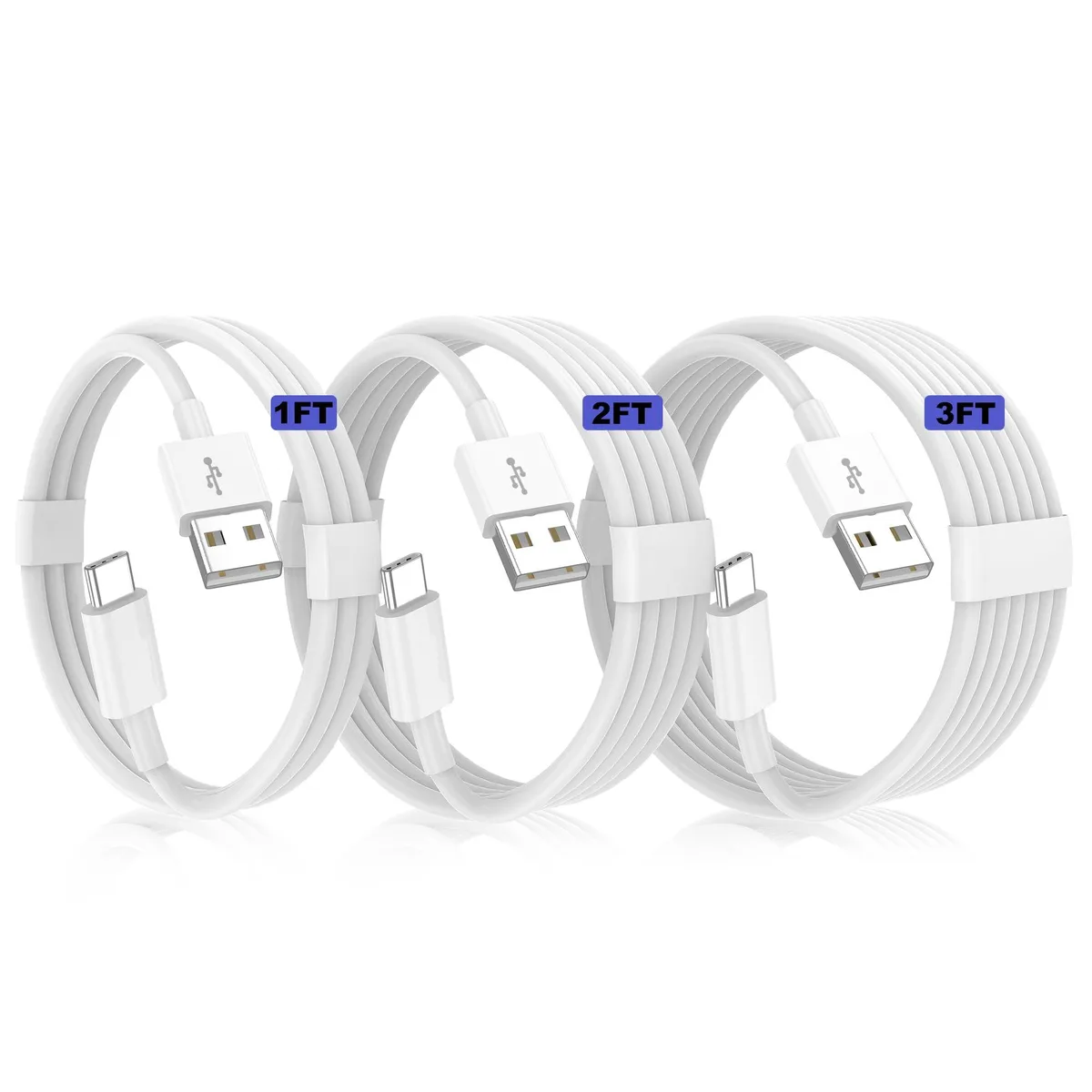 Three white USB-A to USB-C cables coiled together 1ft 2ft 3ft