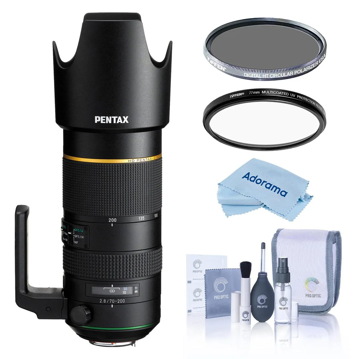 PENTAX PENTAX HD Pentax-D FA 70-200mm f/2.8 ED DC AW camera lens with Tiffen 77mm UV and CPL filters — product photo