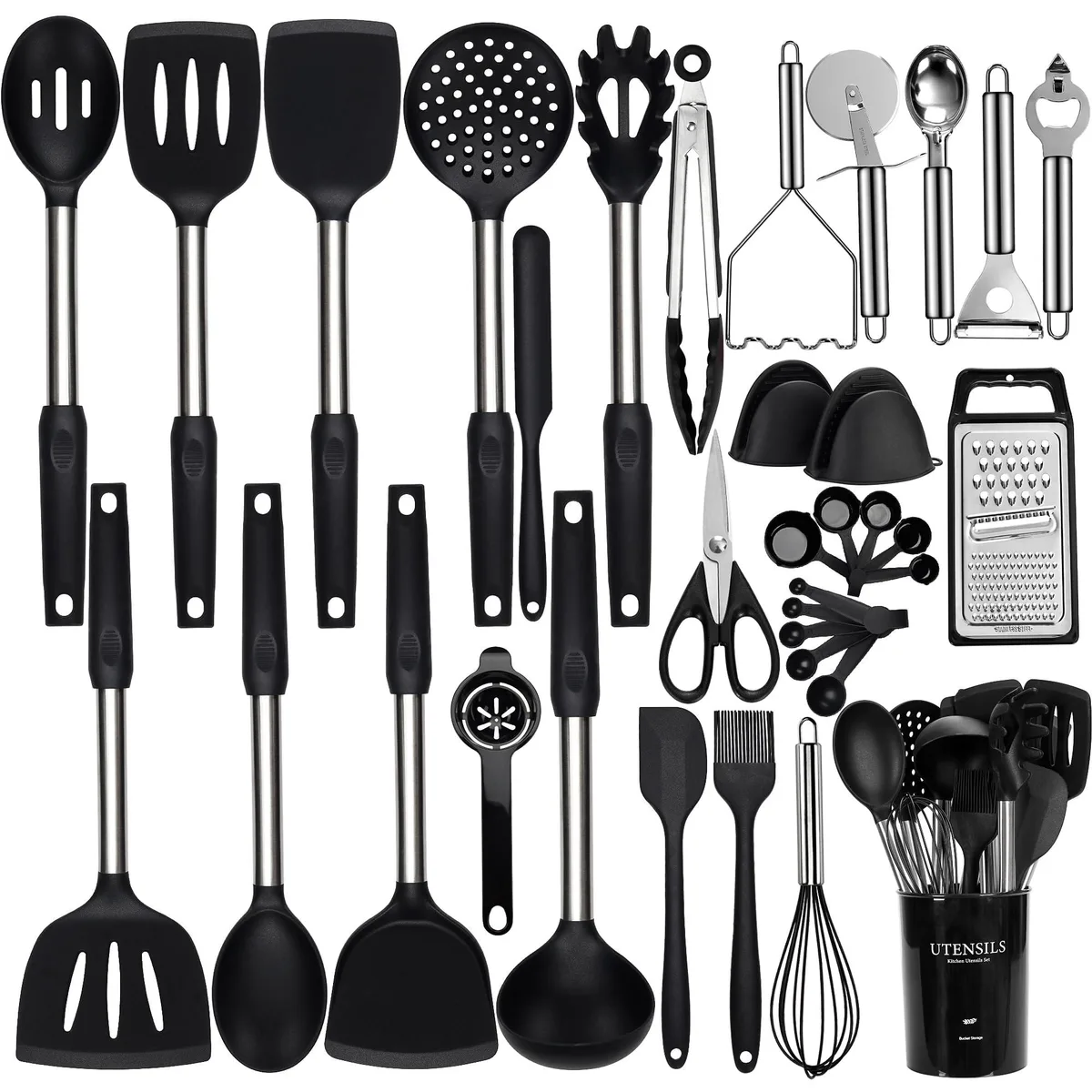 Black 35-piece silicone utensil set with stainless handles