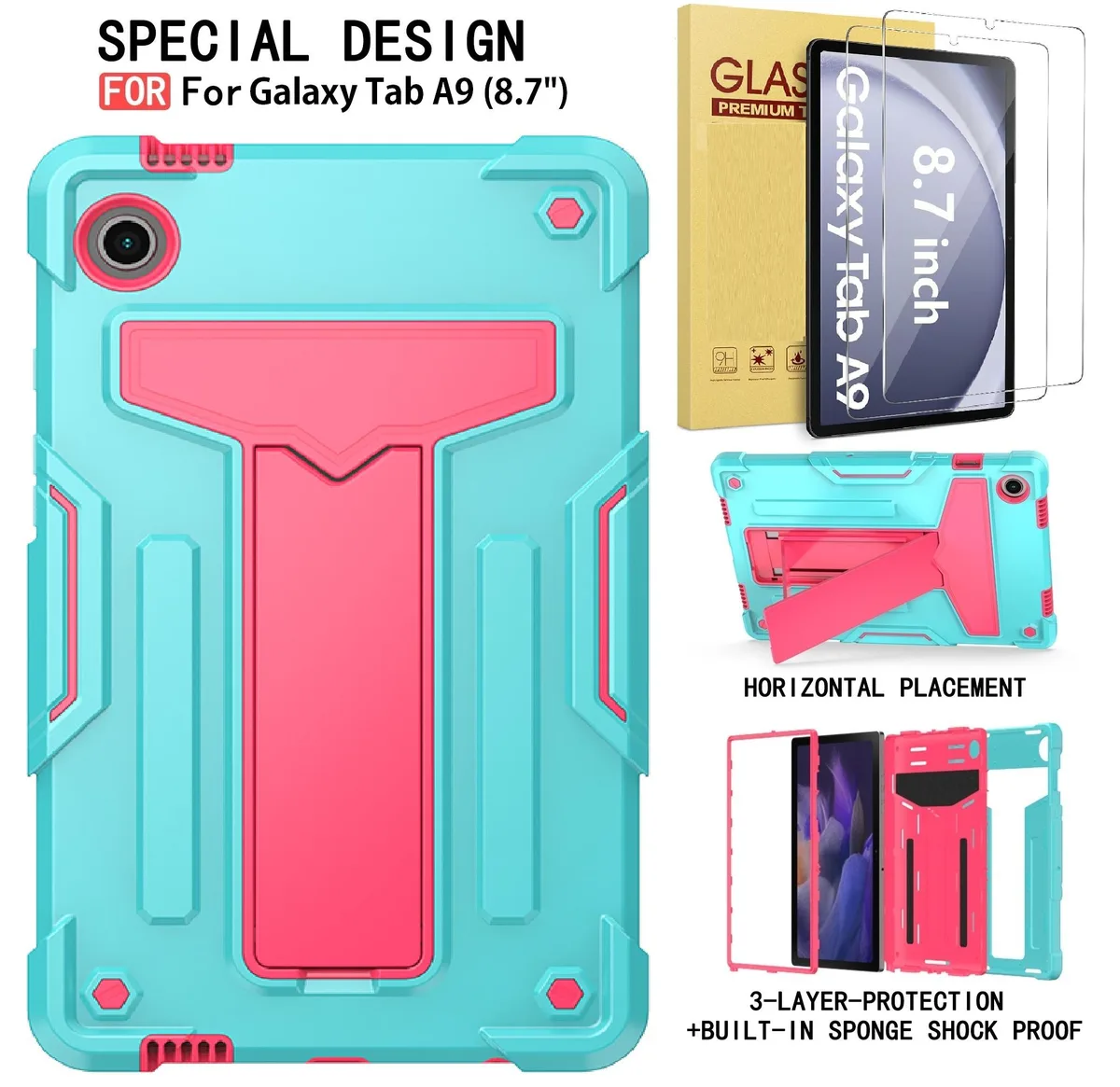 anicestore anicestore Galaxy Tab A9 8.7" Hybrid Case with Stand &amp; .33mm Glass (Teal/Pink) — product photo