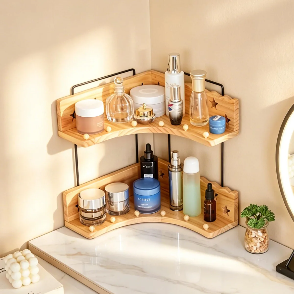 Two-tier L-shaped corner shelf in rustic brown wood and metal, 18 by 18 by 23 inches