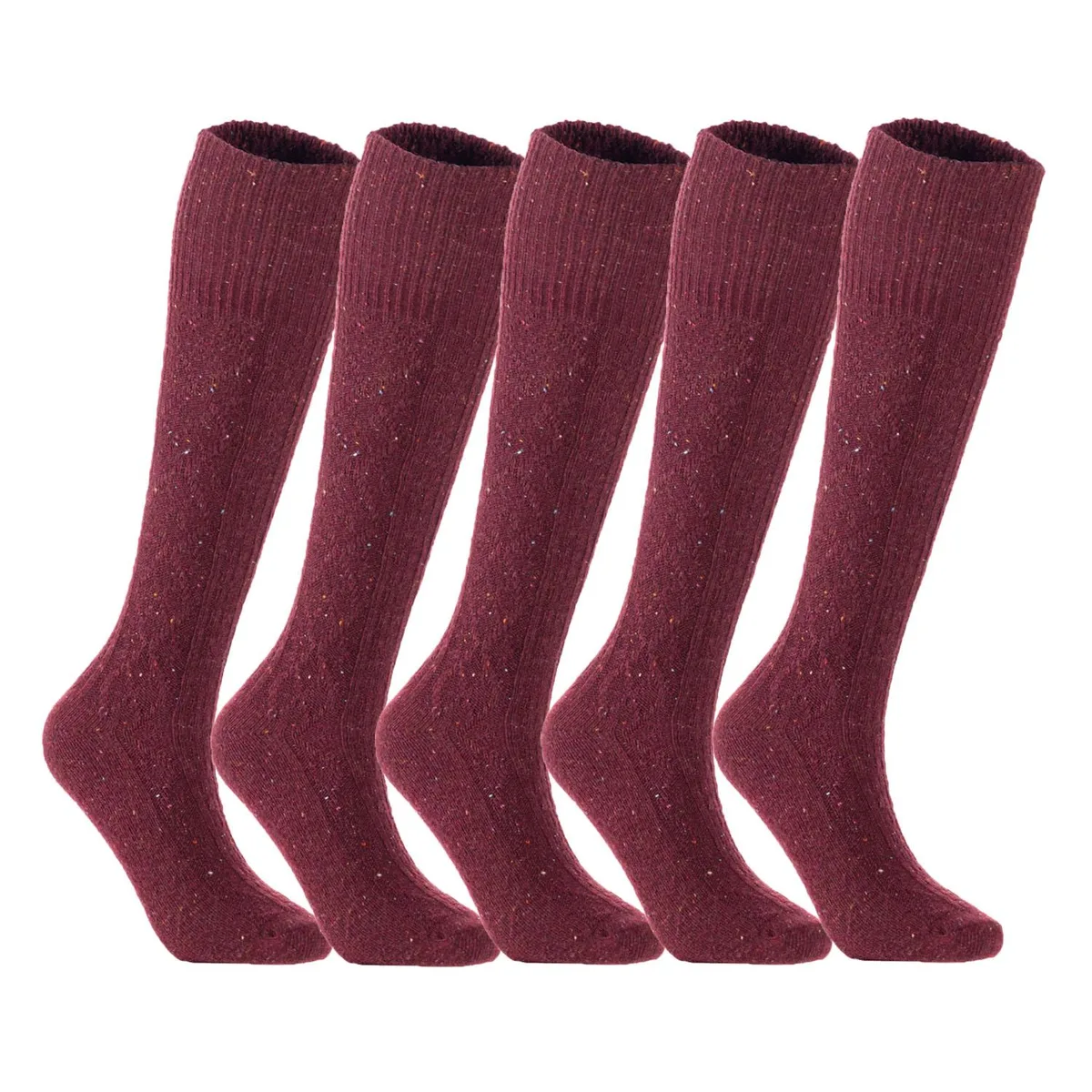 Pair of wine-coloured knee-high wool boot socks, ribbed cuff, textured knit, folded flat