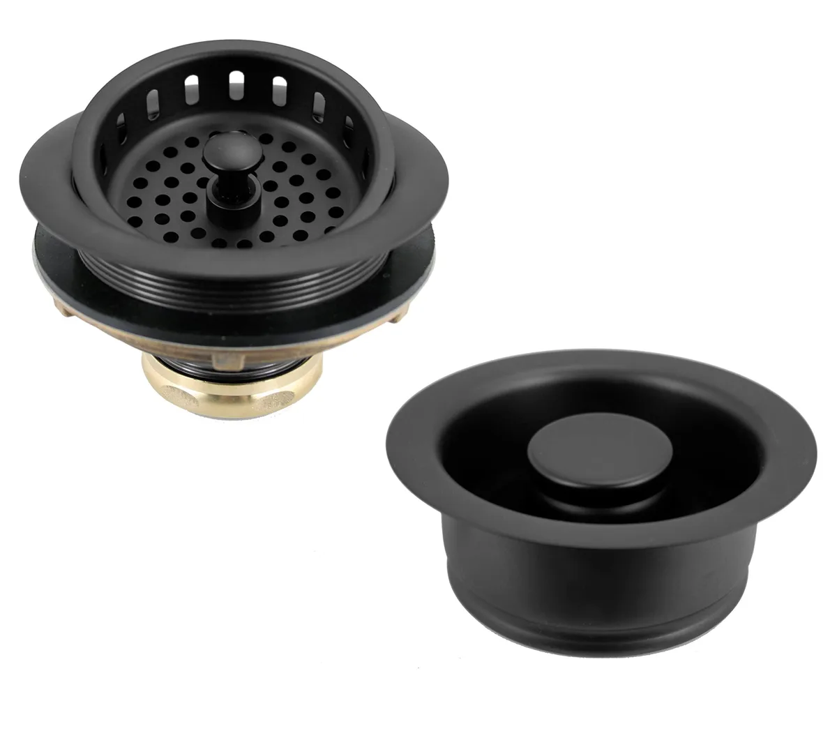 Matte black brass basket strainer with disposal flange and removable stopper, 4.5 inch flange