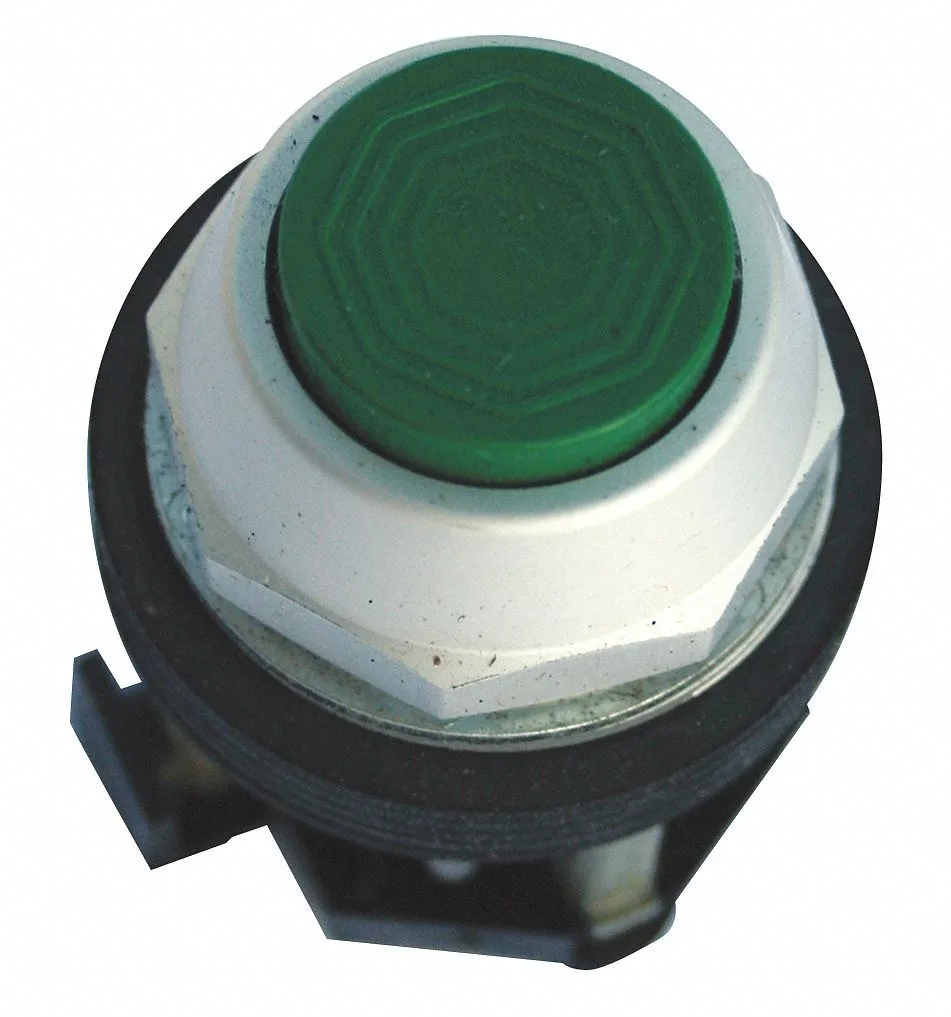 Green extended pushbutton with anodized aluminium mounting ring, 30mm round head