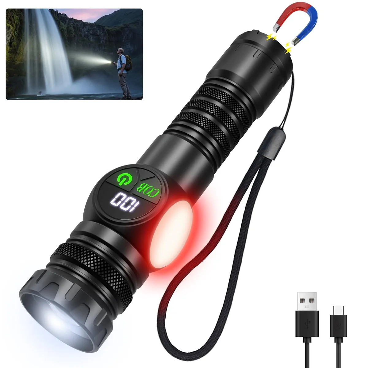 Two black handheld flashlights side by side with USB-C ports and LCD screens