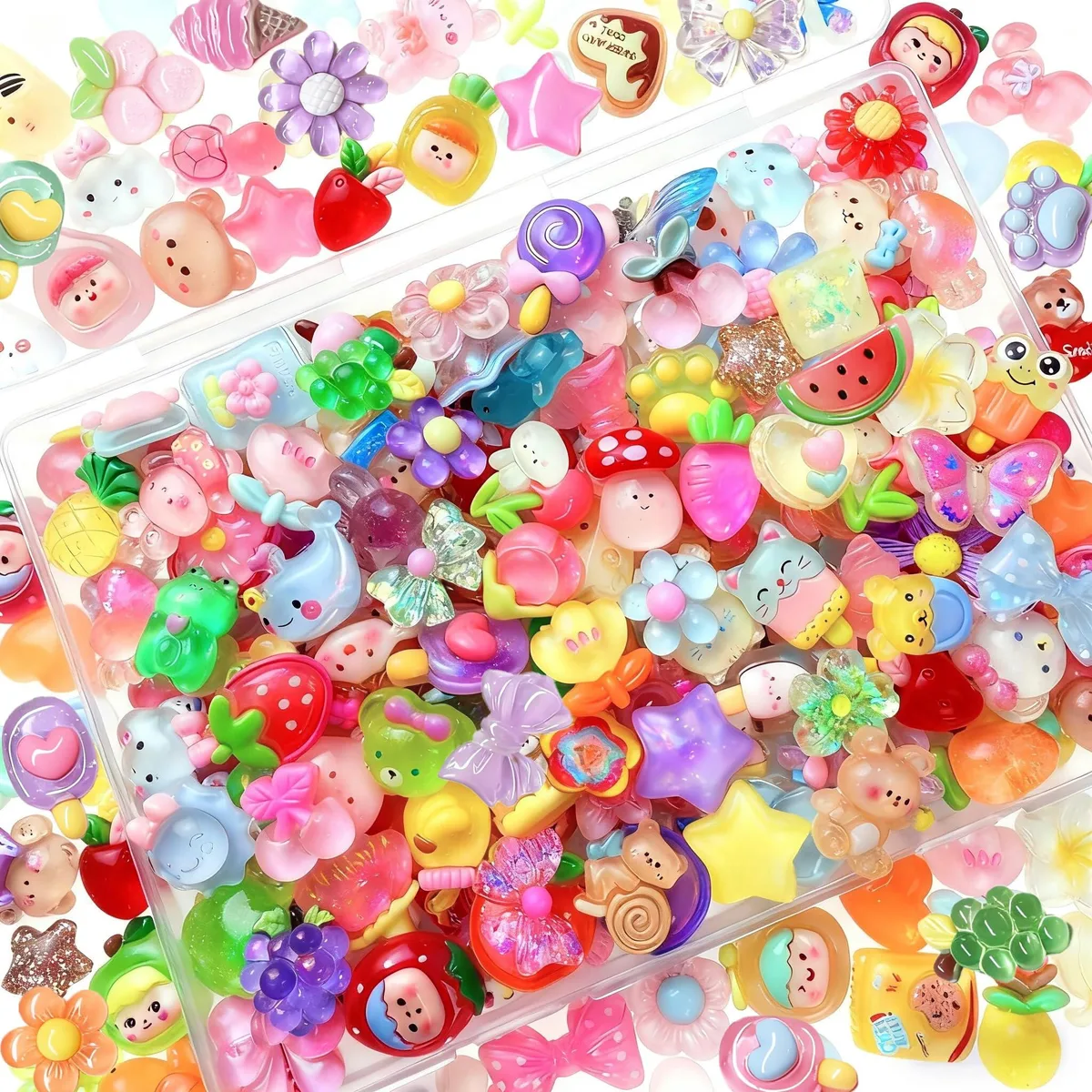 120 flatback resin charms in mixed cartoon shapes, matte multi-colour finish, each .6 to 1 inch
