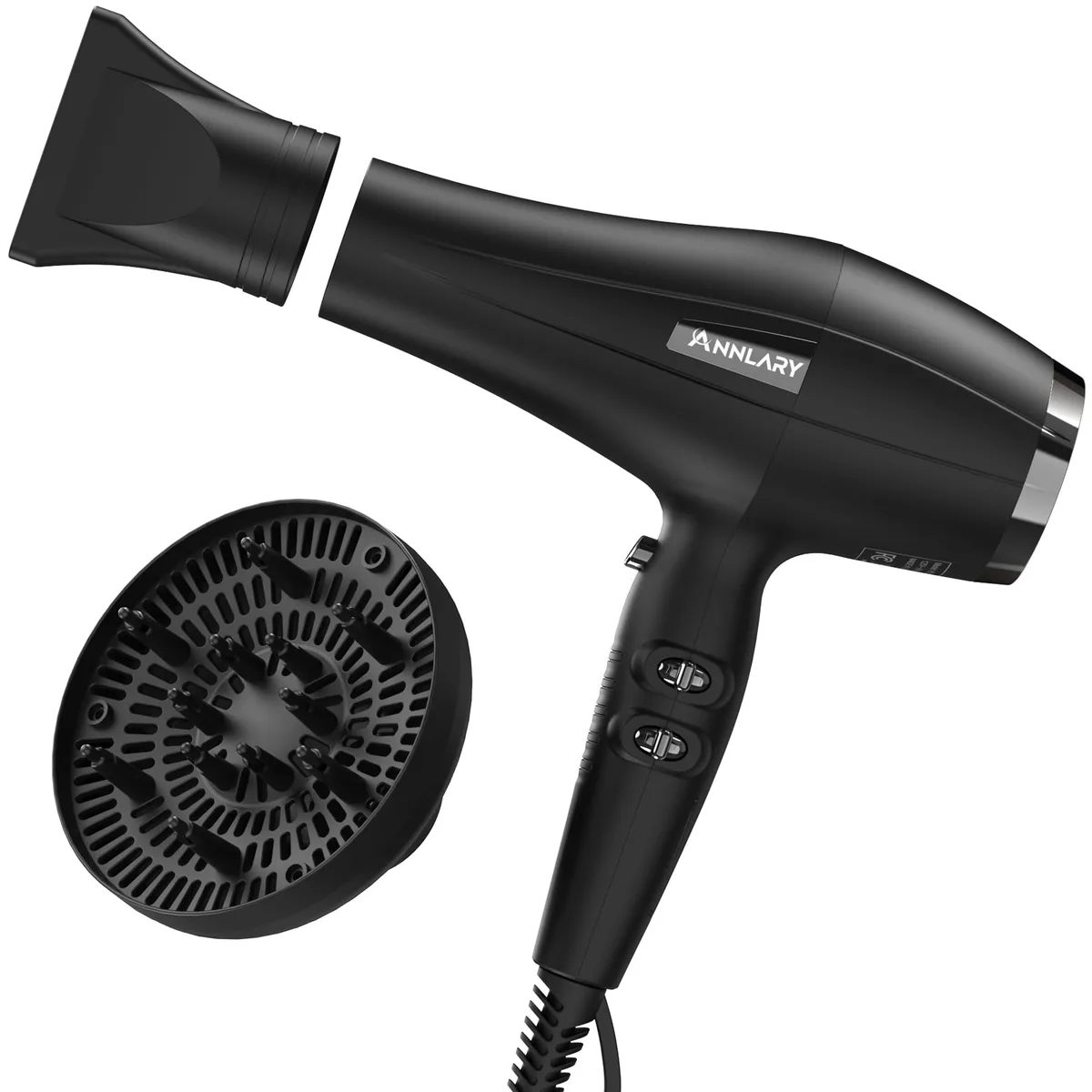 Elegant black hair dryer with diffuser and concentrator nozzle