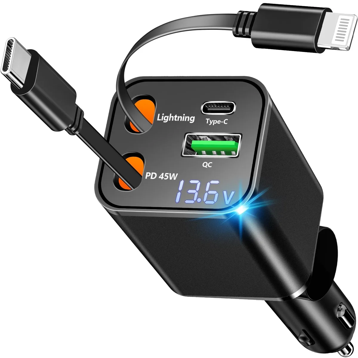Compact retractable car charger with two built-in cables, USB-C and USB-A ports, voltage display, matte finish