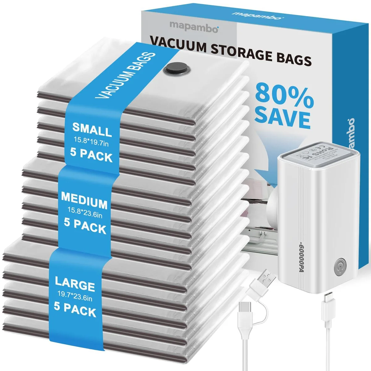  Mapambo VSB01 15 Combo Size Vacuum Seal Bags 60000Pa USB Pump — product photo