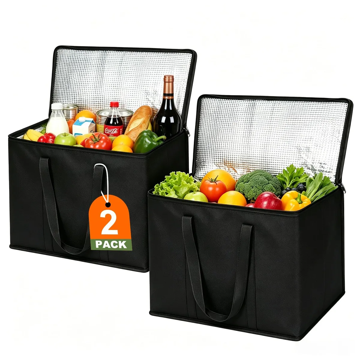 Two beige insulated grocery bags with zippered tops and reinforced handles, folded flat