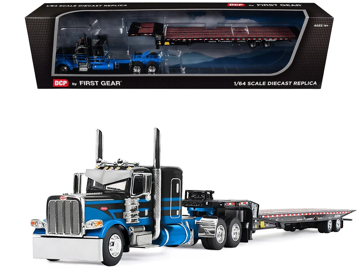 First Gear First Gear Peterbilt 389 48" Flat Top Sleeper &amp; Landoll 440B-50CA Trailer 1/64 Diecast — product photo