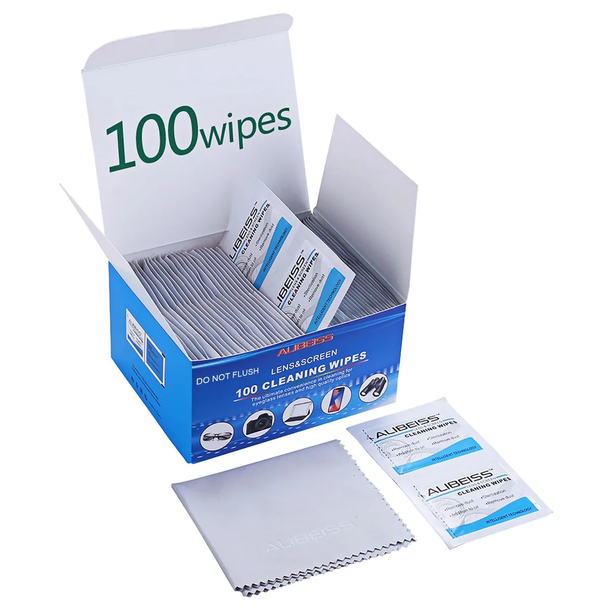 Box of 100 individually wrapped lens wipes 15x12cm with microfibre cloth