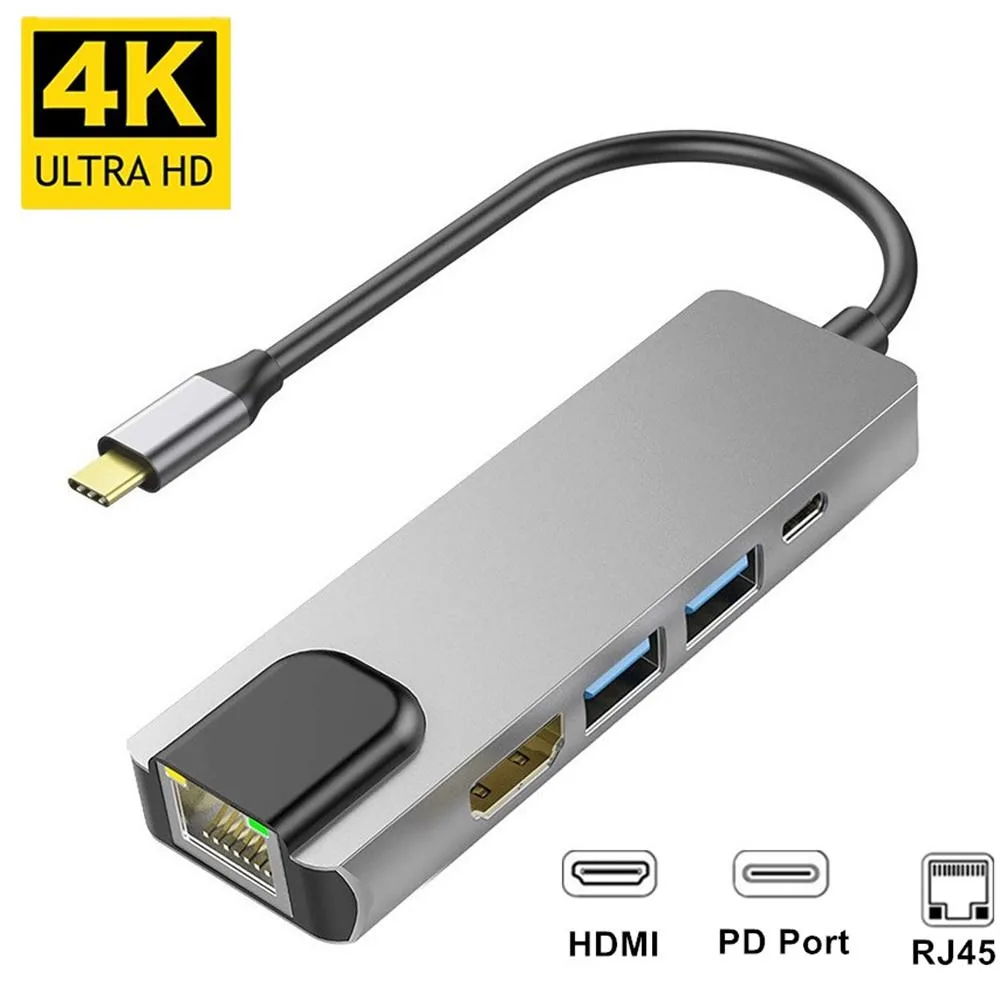 WRIARICH WRIARICH LKTC15 5-in-1 USB 3.1 Type-C Hub 4K HDMI PD RJ45 Grey — product photo