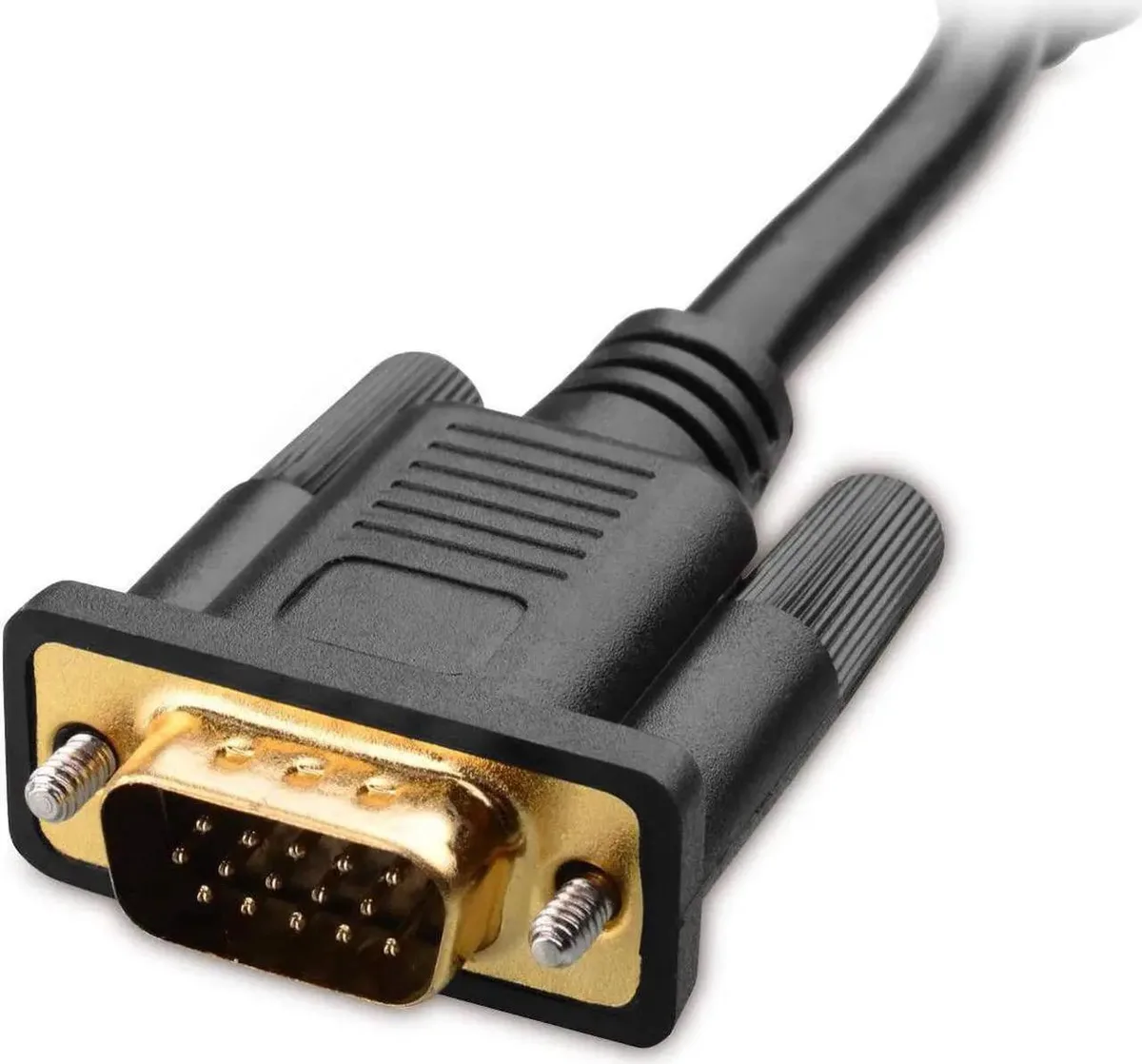 Blue VGA cable with male connectors on both ends, two ferrite cores near the plugs, 15 feet long