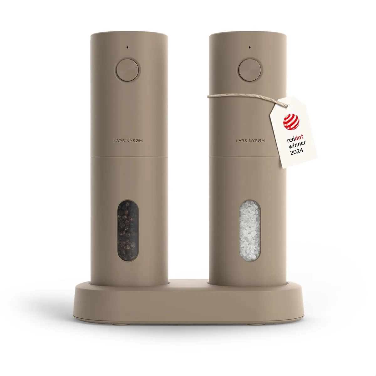 Two taupe-brown electric grinders on a USB-C charging base