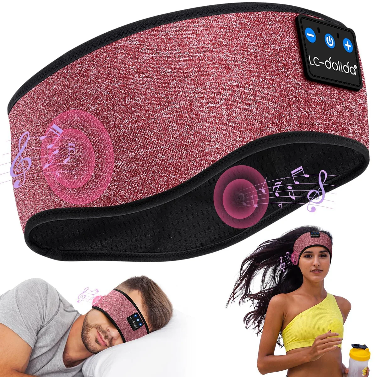 White fabric headband with embedded flat speakers and a small control module