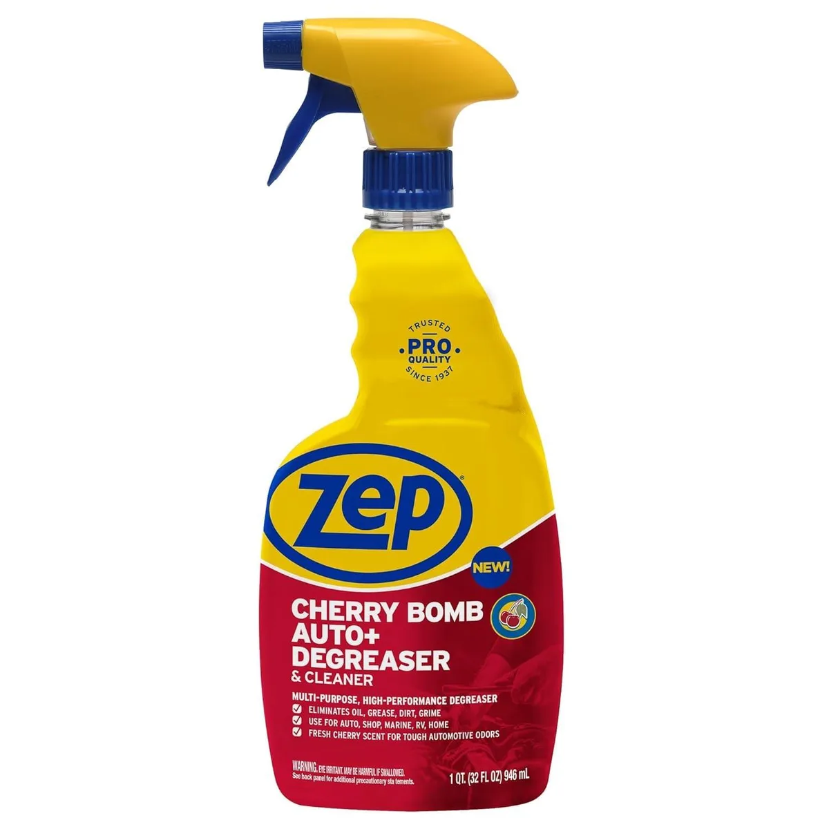 Red 32 oz spray bottle with cherry-scented degreaser label