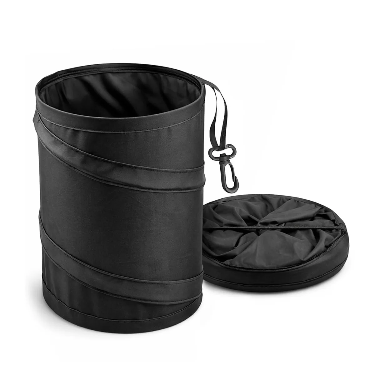 Black collapsible fabric car trash bin, square pop-up shape, twelve units shown