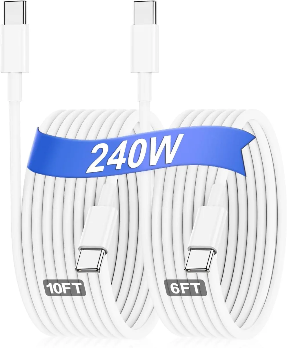  Hzevn USB-C to USB-C cable 2-pack 6 ft + 10 ft 100 W 5 A 240 W rated White — product photo