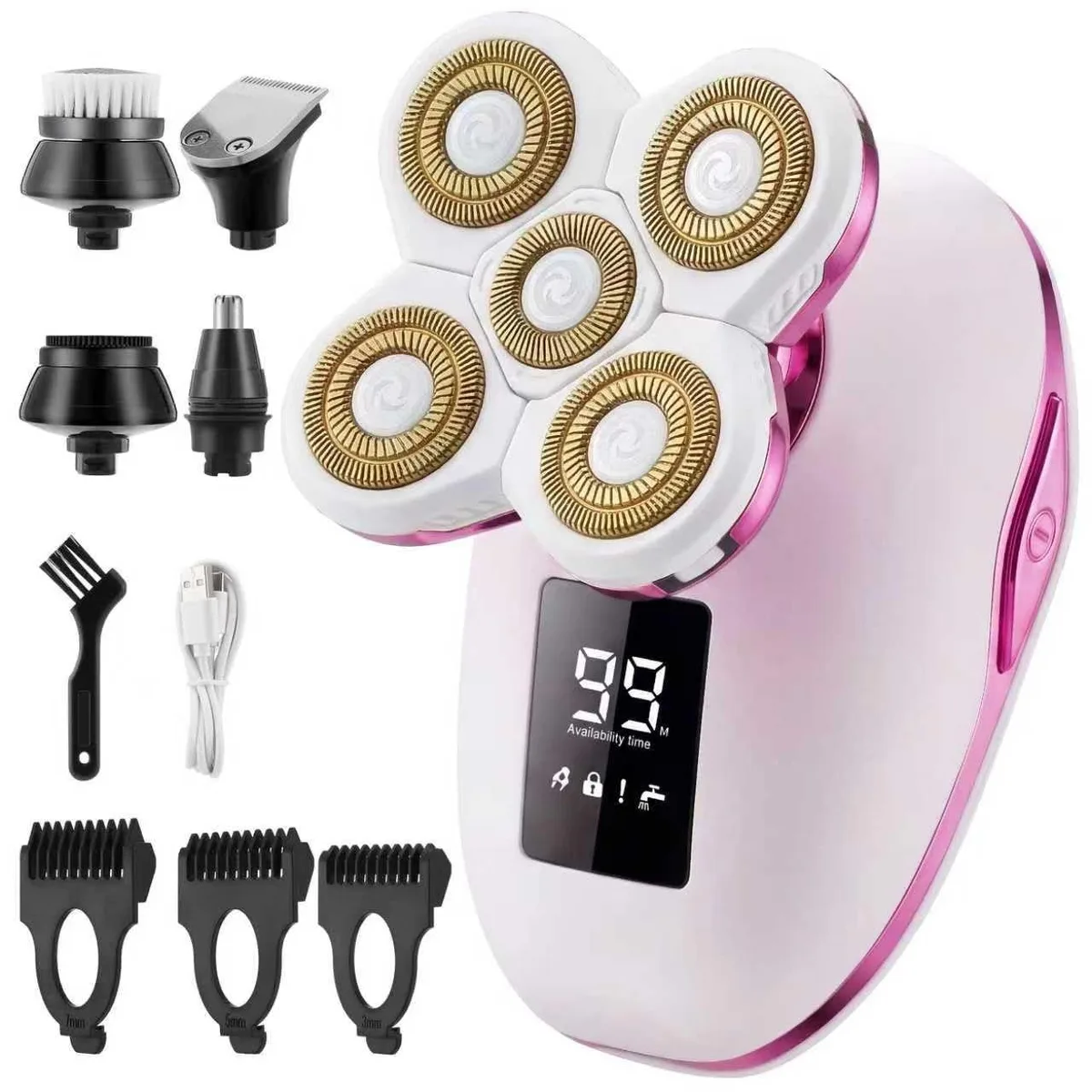 Purple cordless lady shaver with LCD screen and detachable heads