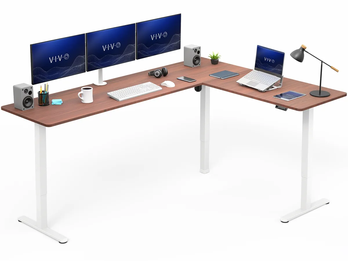 VIVO VIVO Dark Walnut/White Electric Corner Desk 84" x 63 — product photo