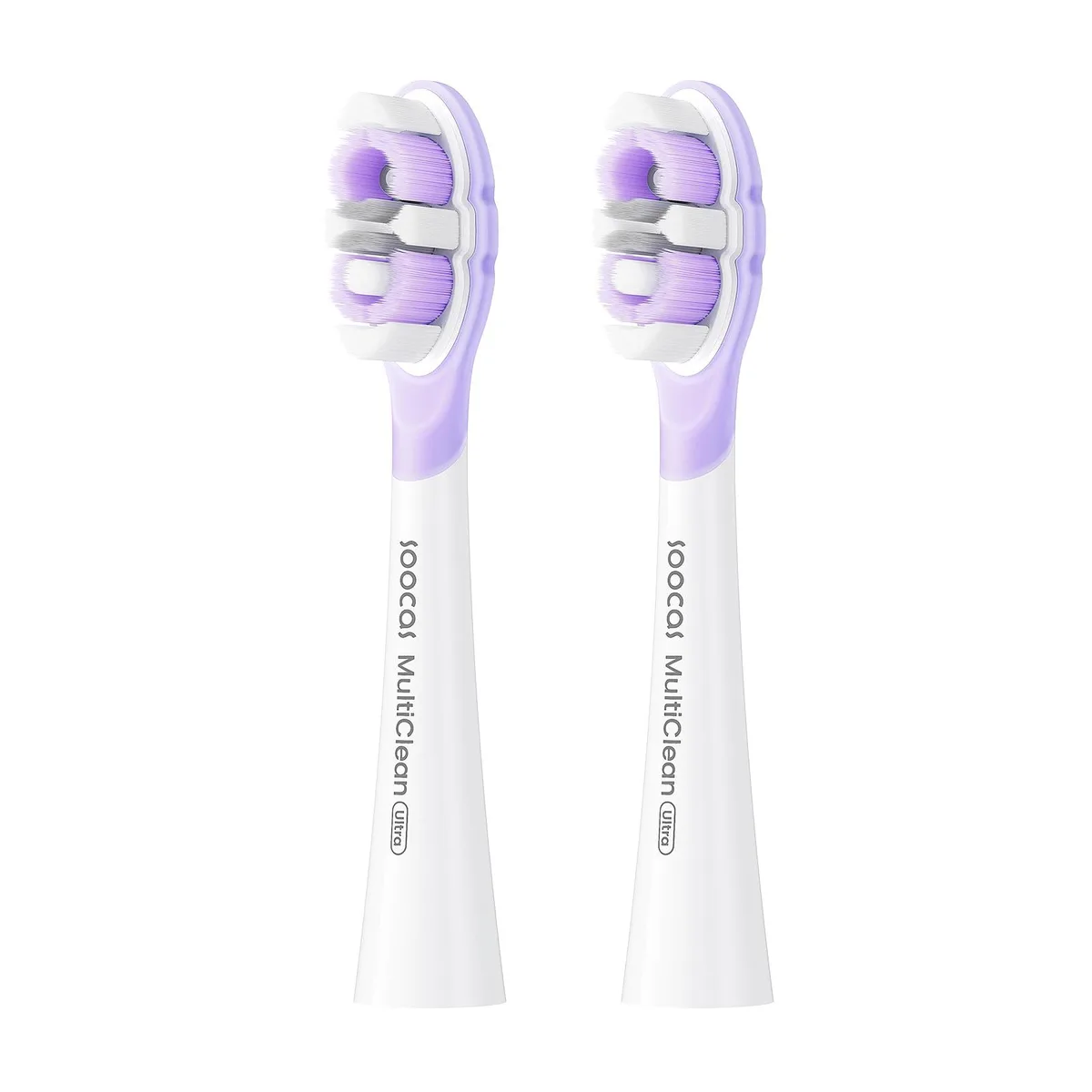 Two white electric toothbrush heads with ultra-soft tapered bristles and cushioned rubber necks