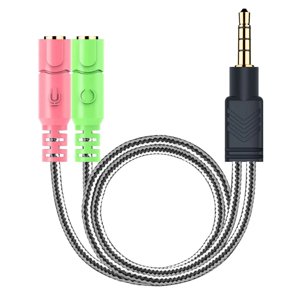 Black MillSO 3.5mm TRRS headset splitter with green and pink TRS jacks