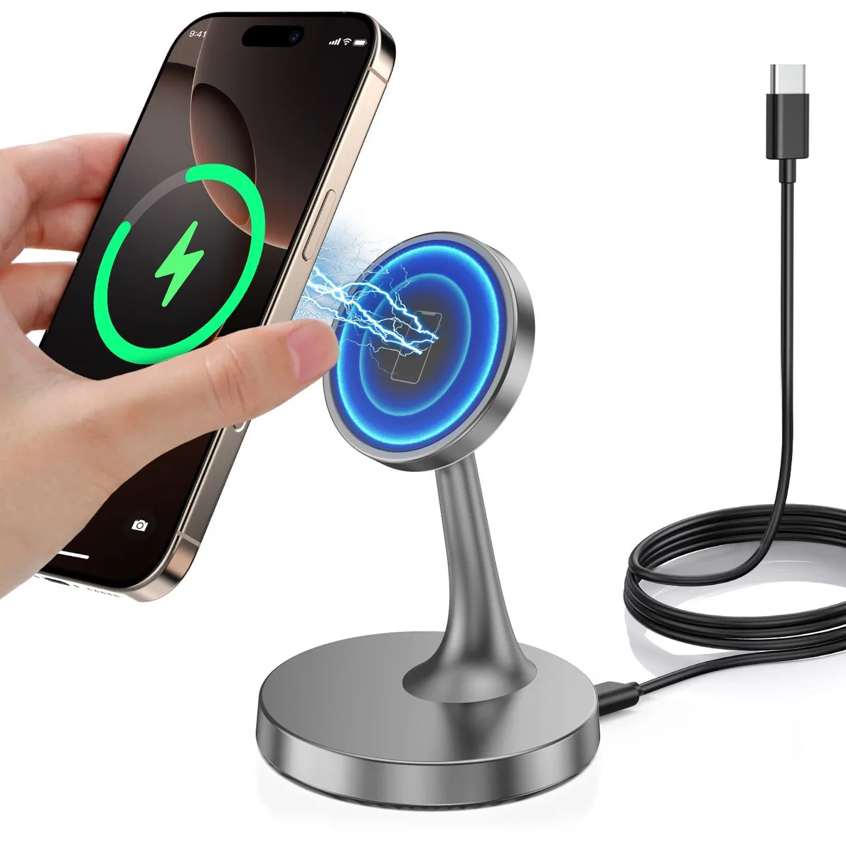 White magnetic wireless charger stand with angled charging surface and circular base