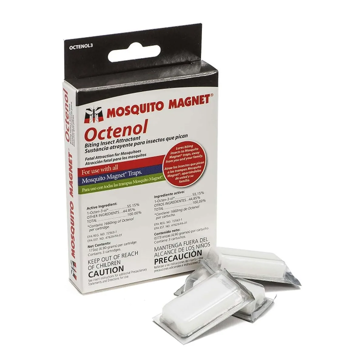Three Octenol mosquito attractant pods in a pack