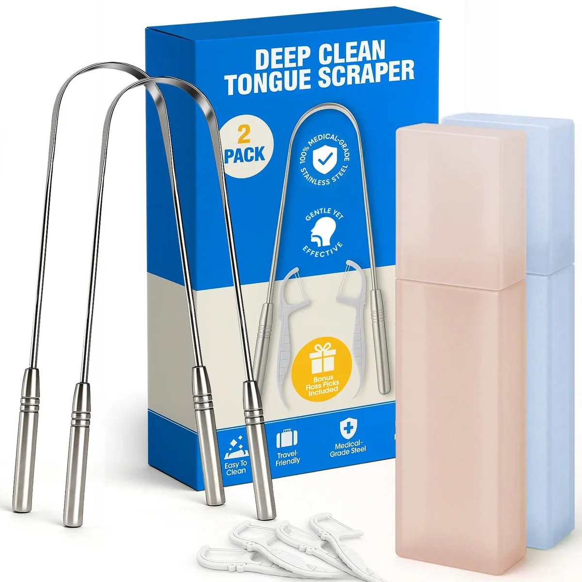 Two silver stainless steel tongue scrapers with textured grips, two coloured travel cases, four floss picks
