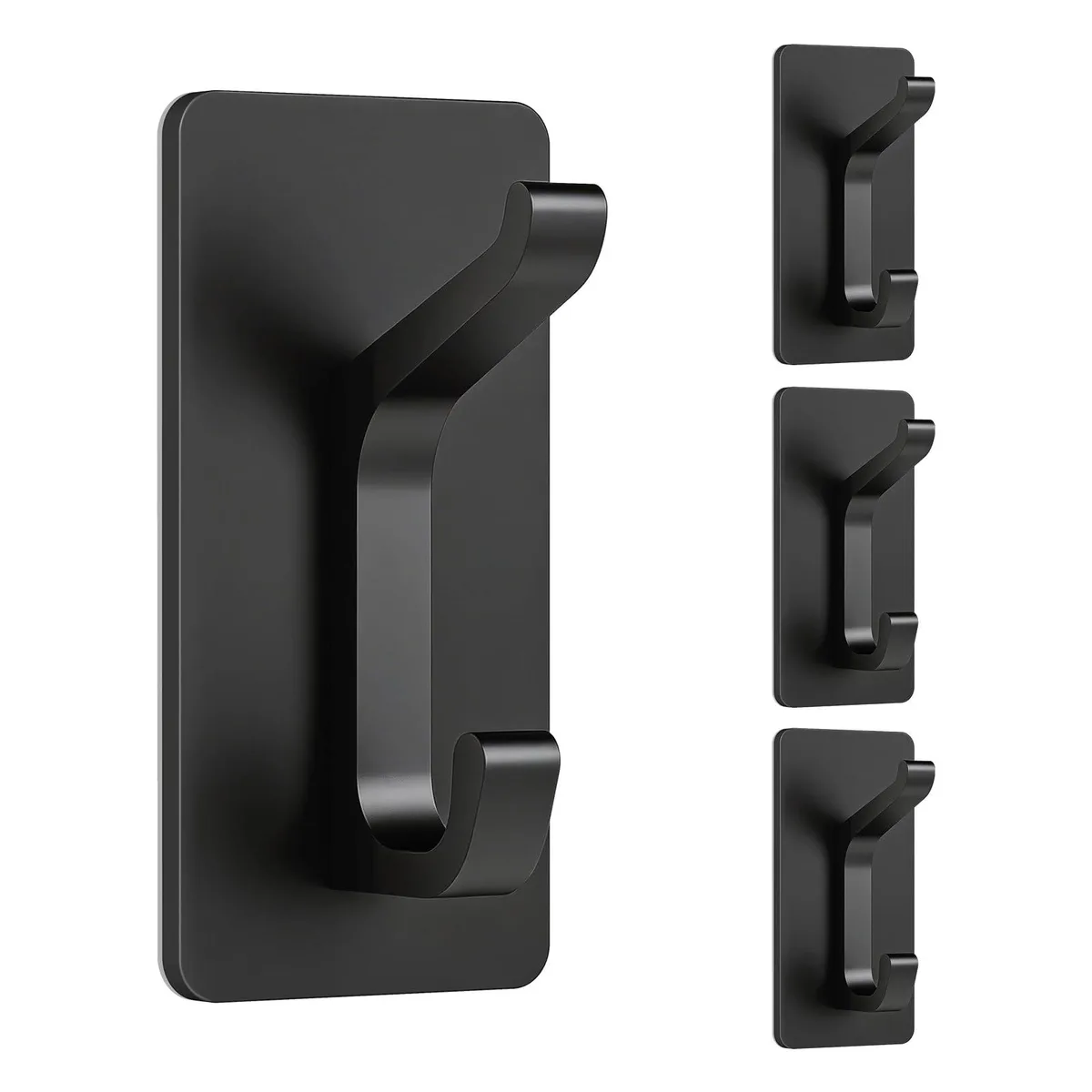 Four matte black aluminum adhesive wall hooks with rectangular backing plates