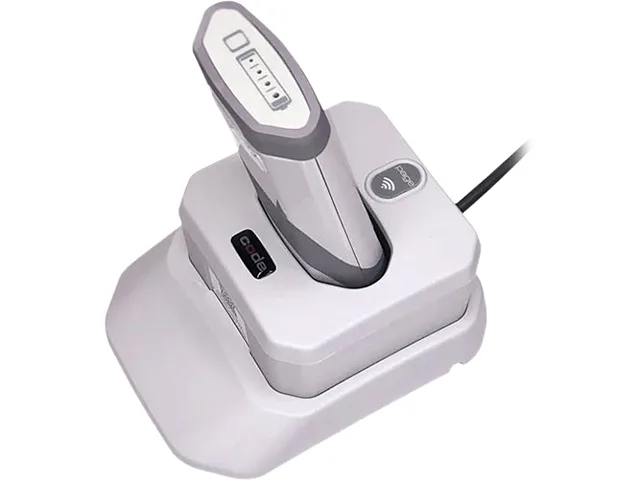 Light grey handheld cordless barcode scanner with charging base and USB cable
