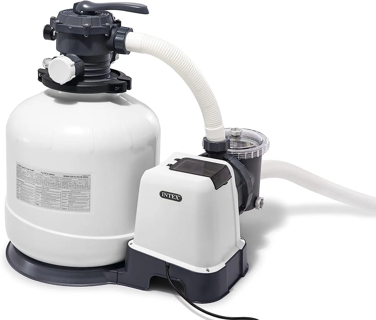 Light gray cylindrical sand filter pump with digital timer and hoses