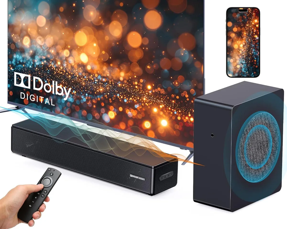 A black soundbar and separate subwoofer, 2.1 channel 200W system