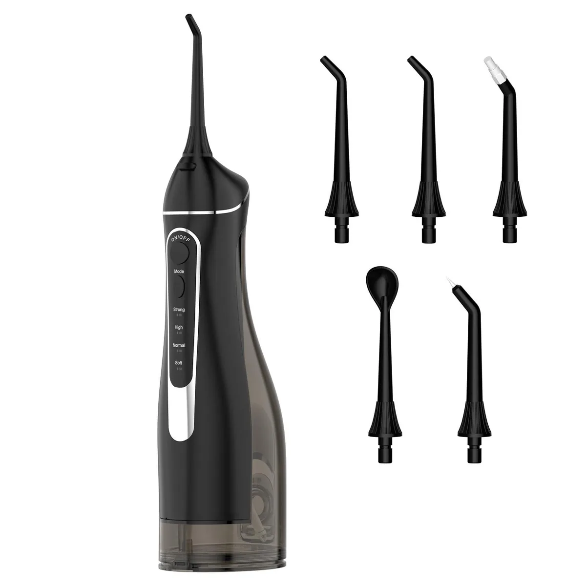 Black cordless water flosser with 300ml tank and five tips