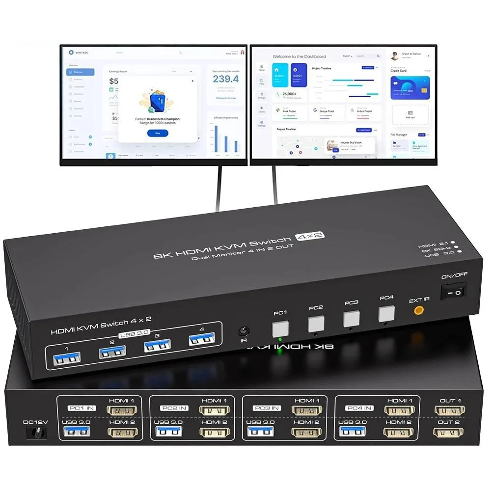 ESTONE ESTONE SW243-2HD 4-Port Dual Monitor KVM Switch 8K@60Hz — product photo